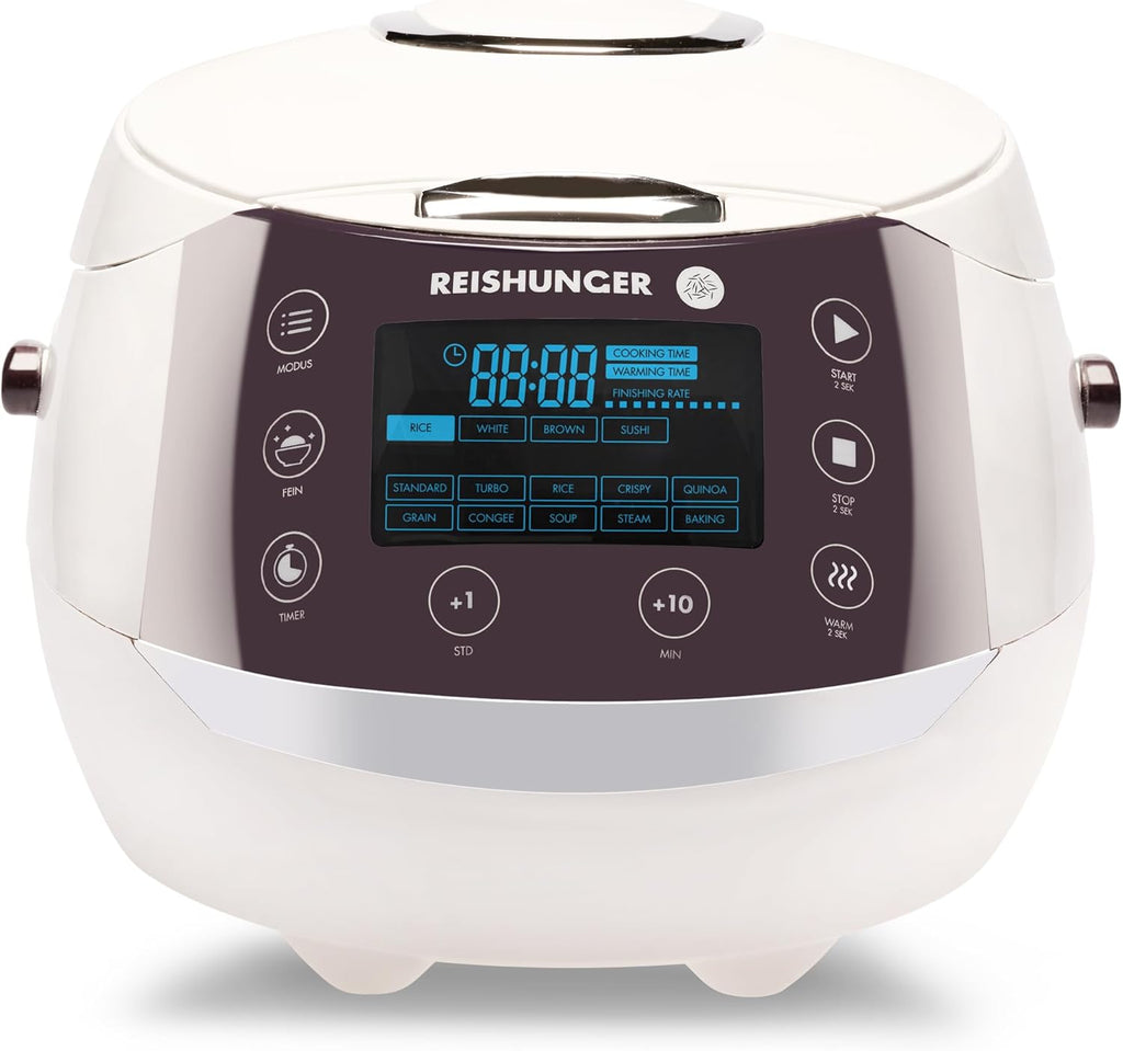 REISHUNGER Digitaler Reiskocher & Dampfgarer Schwarz | 1,5 L bis 8 Personen | Warmhaltefunktion, Timer & Premium Innentopf | Multikocher, 12 Programme, 7-Phasen-Technologie