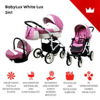 BabyLux® Bambimo Kinderwagen Set 3 in 1 - White Lux - incl. Babywanne, Buggy Sportsitz, Auto-Babyschale - Autositz - Kinderwagenset - Kombikinderwagen mit Wickeltasche, Regenschutz usw.