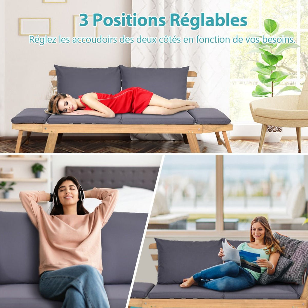 Chaise Longue Convertible avec Coussin Canapé de Jardin 2 en 1 en Bois d’Acacia avec Accoudoir Réglable pour Patio Piscine Jardin Blanc/Gris/Bleu/Rouge