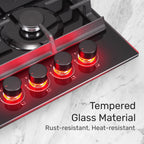 TOPWISH Gaskochfeld 4 flammig,Einbau Gaskochfeld,Gaskochfelder mit rote beleuchteter Drehknopf,ghärtetes Glas-Gaskochfeld,Glasherd,NG/LPG Konvertierbar,Automatischer Thermoelementschutz,60cm,8000 Watt