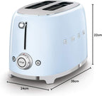 Smeg, 2x2 TSF01PBEU -Toaster, 2 Schlitze für 2 Scheiben, 6 Vergoldungsniveaus, Heizfunktion, Abtau- und Bagel- Funktion, Sammelschublade, 950W, Pastellblau