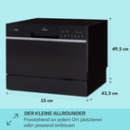 Klarstein  ia 8 - Spülmaschine, Geschirrspüler, Freistehend, Teilintegriert, F, 55 cm breit, 8 Maßgedecke, 6 Programme, Aquastop, silber
