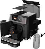 GRUNDIG KVA 7230 Kaffeevollautomat, Kaffeemaschine, 10 Kaffeespezialitäten, 13 Mahlgrade, Milchbehälter, leistungsstark 1350 W, 19 Bar Pumpendruck, Zweifachdüse, Beleuchtung, Schwarz/Dunkelsilber
