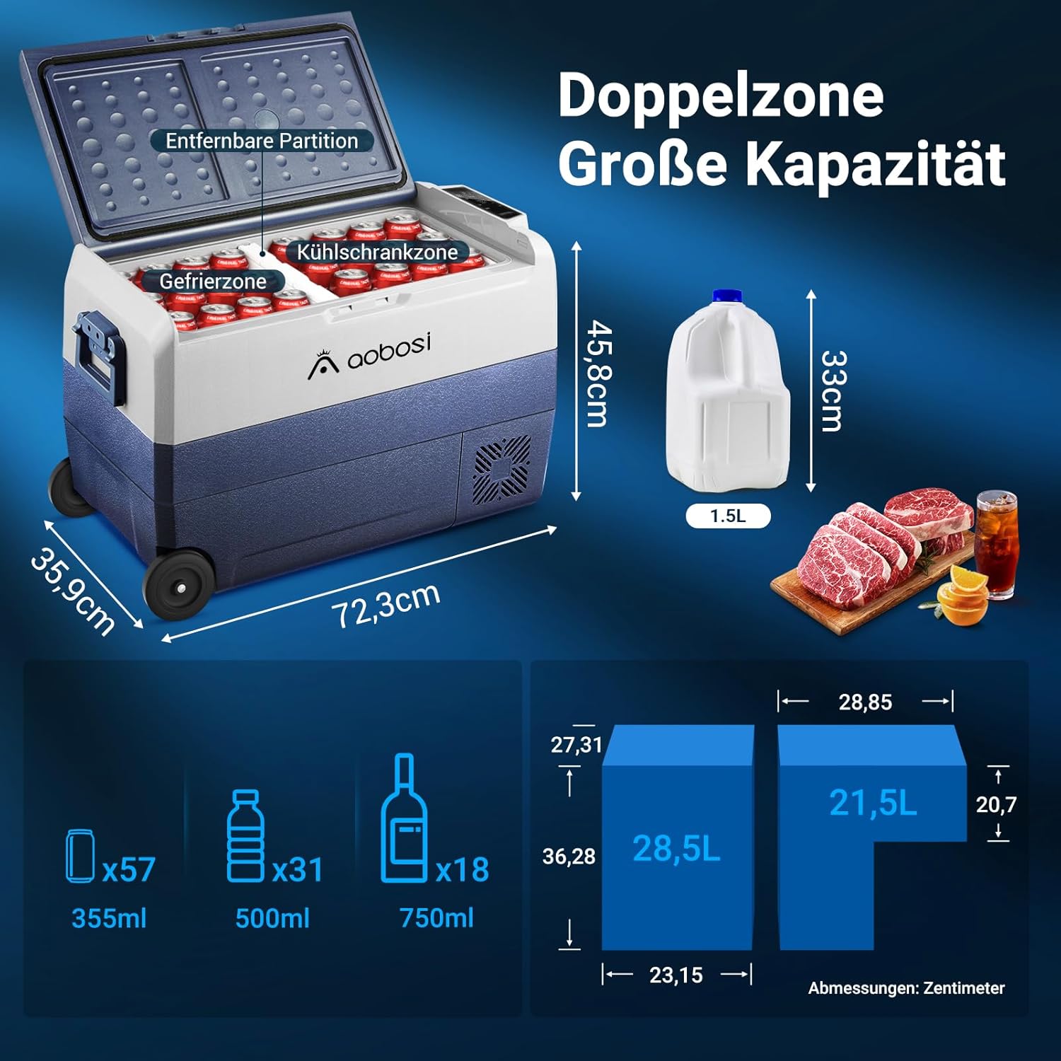 AAOBOSI Compressor Cool Box 36 L, Cool Box Car with WiFi App Control, 12/24 V and 100-240 V Electric Cool Box, up to -20 °C for Car, Truck, Boat, Motorhome, Camping, Double Zone