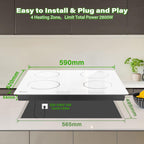 GIONIEN Induktionskochfeld mit Stecker 60cm 16Amp,Integriertes Elektrokochfeld Plug in mit Brückenzone, 4 Kochstellen Herd,weiß,2800W