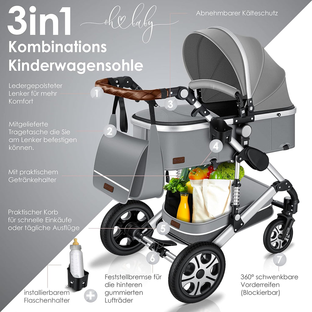 KESSER® Loops 3 in 1 Kinderwagen Kombikinderwagen Komplett-Set inkl. Babywanne & Buggy Sportsitz & Auto-Babyschale Voll-Gummireifen Wickeltasche Regenschutz Kindertisch ECE R129, Schwarz/Champagne