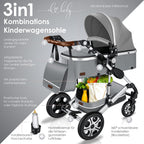 KESSER® Loops 3 in 1 Kinderwagen Kombikinderwagen Komplett-Set inkl. Babywanne & Buggy Sportsitz & Auto-Babyschale Voll-Gummireifen Wickeltasche Regenschutz Kindertisch ECE R129, Schwarz/Champagne
