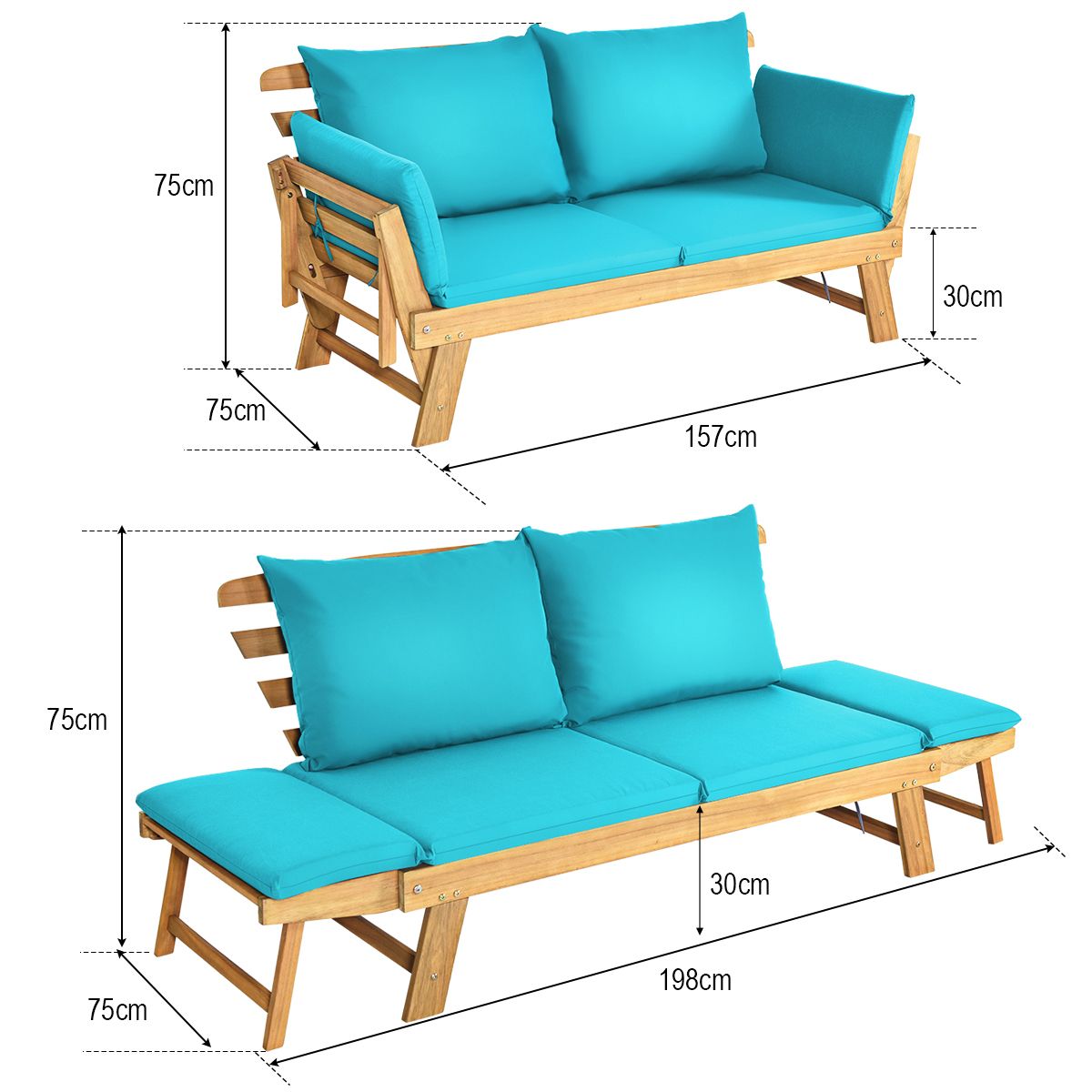 Chaise Longue Convertible avec Coussin Canapé de Jardin 2 en 1 en Bois d’Acacia avec Accoudoir Réglable pour Patio Piscine Jardin Blanc/Gris/Bleu/Rouge