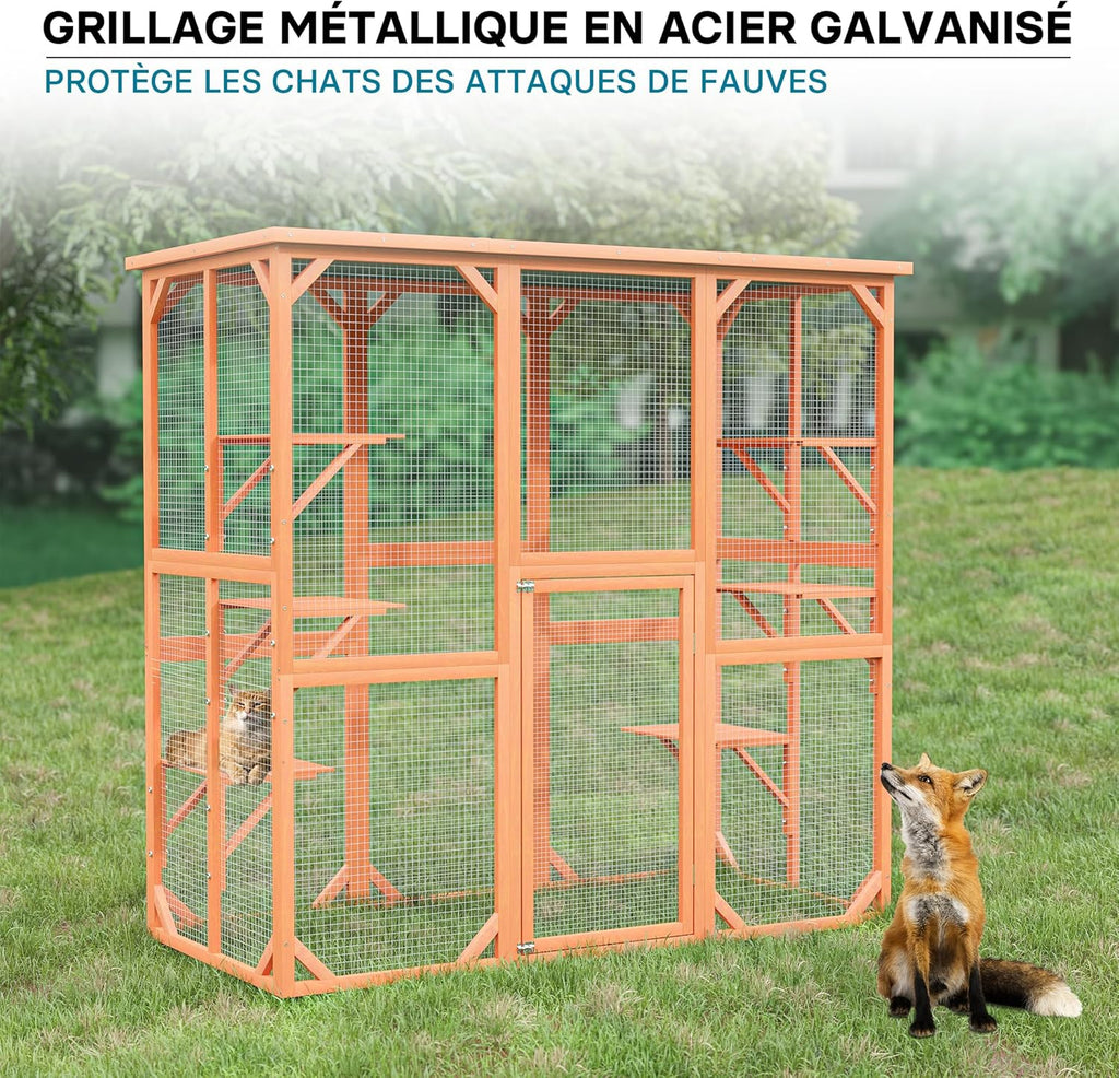 Enclos extérieur – 168 x 82 x 166,5 cm – en Bois de Sapin et avec Grillage – Parc pour Chat résistant aux intempéries – avec 6 Zones de Repos – Félins