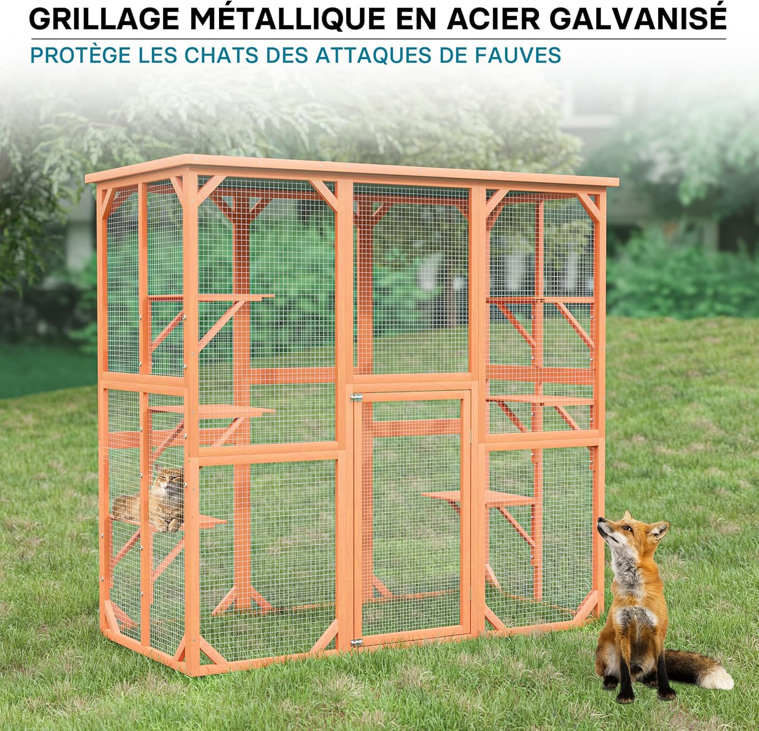 Enclos extérieur – 168 x 82 x 166,5 cm – en Bois de Sapin et avec Grillage – Parc pour Chat résistant aux intempéries – avec 6 Zones de Repos – Félins