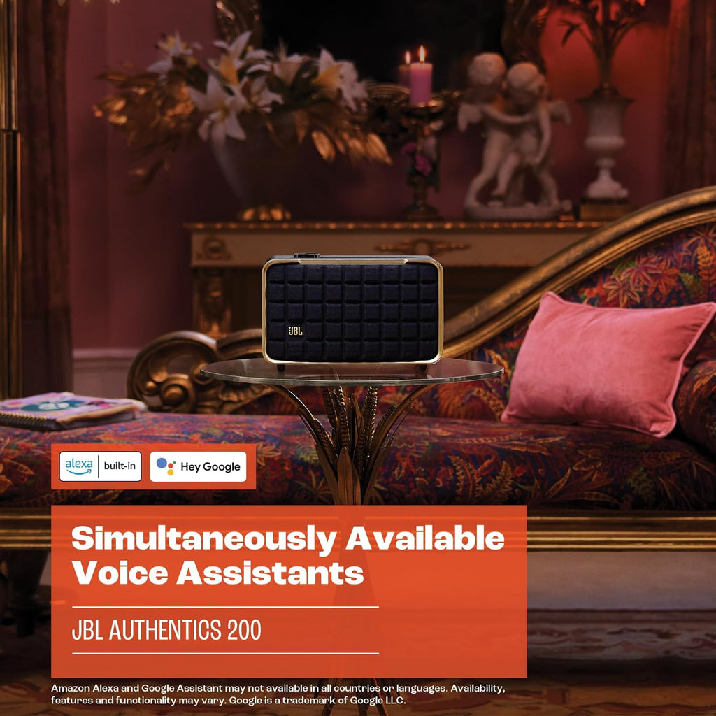 JBL Authentics 200 Smart Home Lautsprecher – 70er Jahre Retro-Design Bluetooth Box – Mit Quadrex Grill, Google Assistant, Alexa, AirPlay und JBL One App – Schwarz