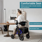 Geländegängiger 2-in-1-Rollator und Transportstuhl, zusammenklappbarer Rollstuhl mit luftlosen 10-Zoll-Rädern für Senioren, umkehrbare Rückenlehne und abnehmbare Fußstützen, blau