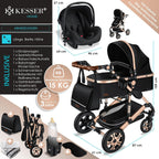 KESSER® Loops 3 in 1 Kinderwagen Kombikinderwagen Komplett-Set inkl. Babywanne & Buggy Sportsitz & Auto-Babyschale Voll-Gummireifen Wickeltasche Regenschutz Kindertisch ECE R129, Grau/Silber
