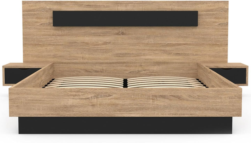 '- Lit Coffre Santa avec Tables de chevets intégrées et sommier 140x190cm Couleur Bois et Noir