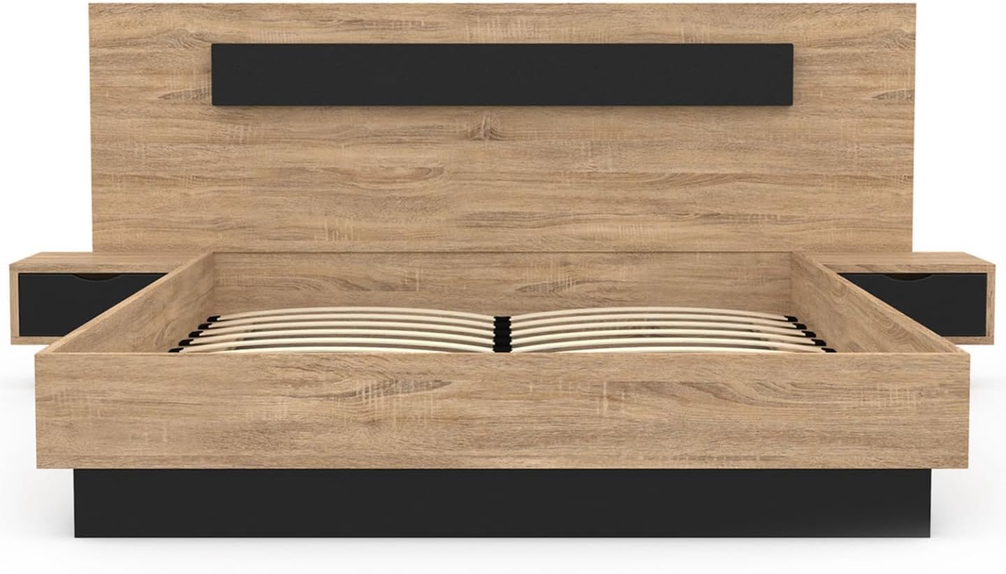'- Lit Coffre Santa avec Tables de chevets intégrées et sommier 140x190cm Couleur Bois et Noir