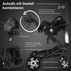 KESSER® Loops 3 in 1 Kinderwagen Kombikinderwagen Komplett-Set inkl. Babywanne & Buggy Sportsitz & Auto-Babyschale Voll-Gummireifen Wickeltasche Regenschutz Kindertisch ECE R129, Schwarz/Champagne