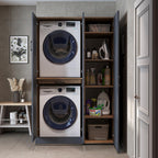 ROOMART Dora - Armoire de machine à laver - Pour sèche-linge et machine à laver - En 4 couleurs - Avec portes et panneau coulissant - Blanc - Chêne blanc - Chêne anthracite - Chêne blanc (chêne blanc)