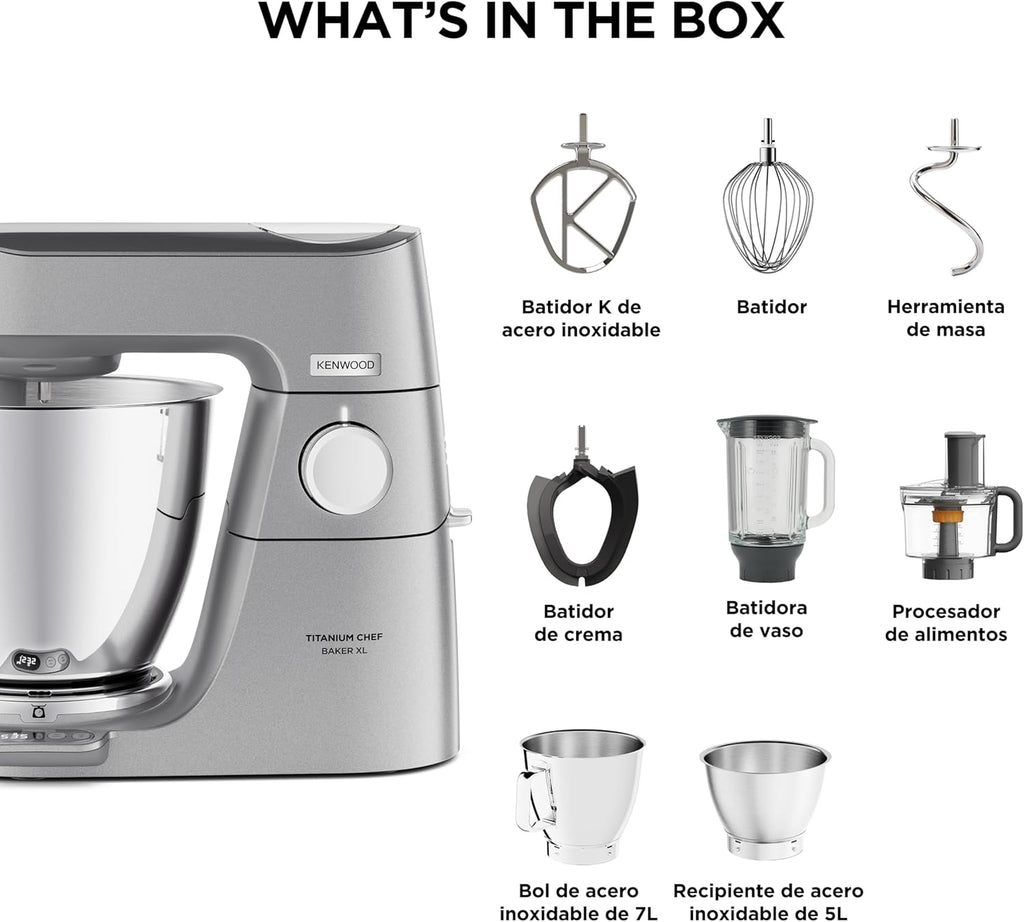 Kenwood Titanium Chef Baker KVL85.424SI Küchenmaschine mit integrierter Waage, inkl. 4-teiligem Patisserie-Set, 7 L und 5L Rührschüssel, stufenloser Geschwindigkeitsregler, 1200 W, Silber