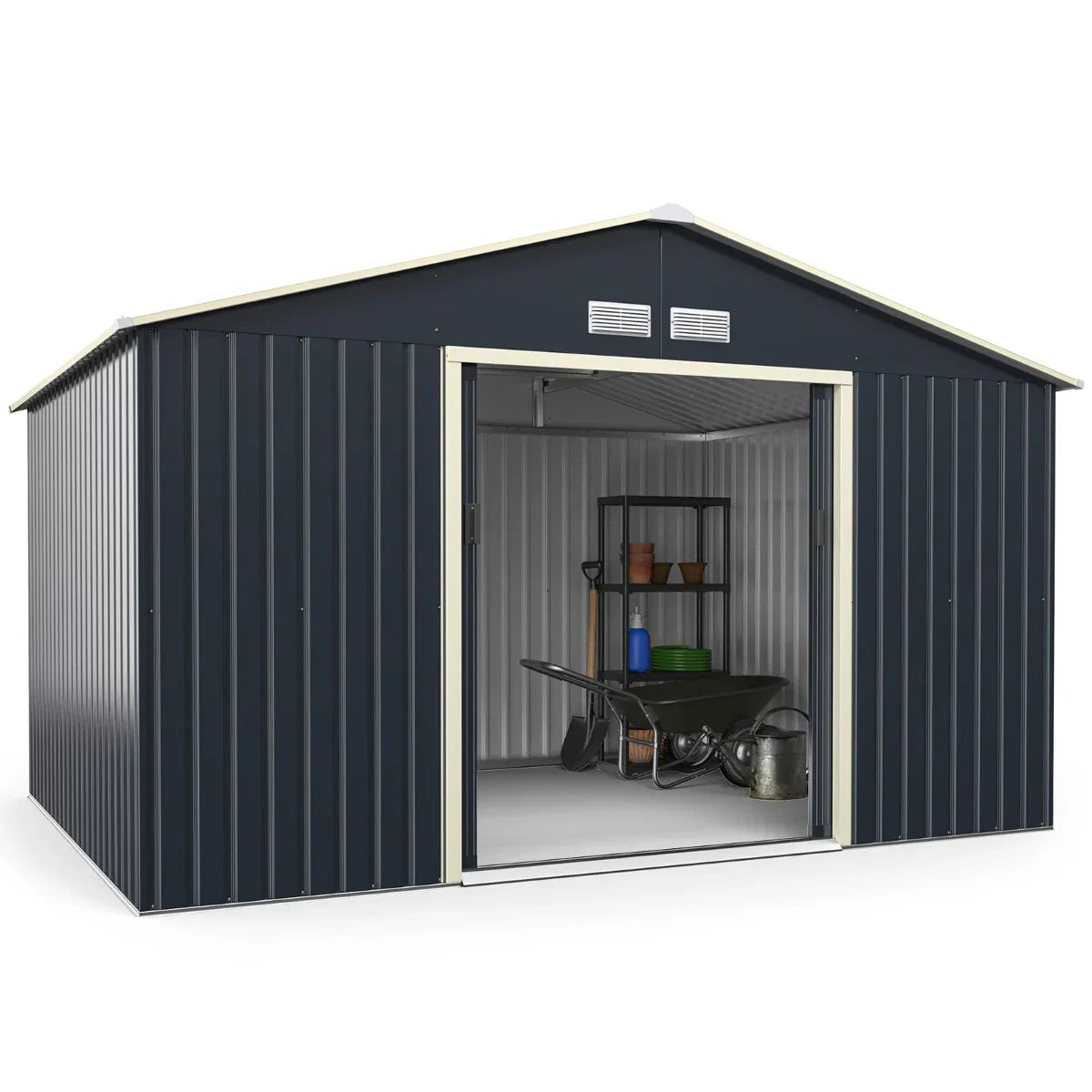 Abri de jardin en métal 8,67 ㎡ 340 x 255 x 210 cm avec 2 portes coulissantes verrouillables 4 trous d’aération gris pour vélo 20_0005483
