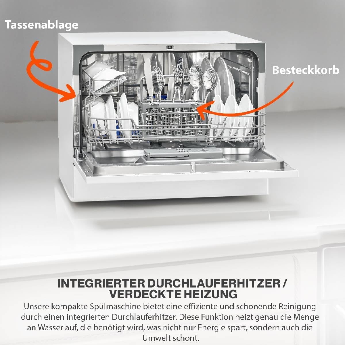 Bomann Mini Geschirrspüler mit Wasseranschluss | inkl. Schlauch | Tisch Geschirrspüler leise | Mini Spülmaschine für kleine Küchen/Camping | Spülmaschine klein m. Überlaufsicherung | TSG 7405 schwarz