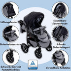 GaGaDumi Boston Kinderwagen 3 in 1 Komplettset mit Autositz - Kombikinderwagen mit großen Rädern - TÜV-zertifiziert - Baby Stroller Set - für Neugeborene und Kleinkinder Grau Jeans
