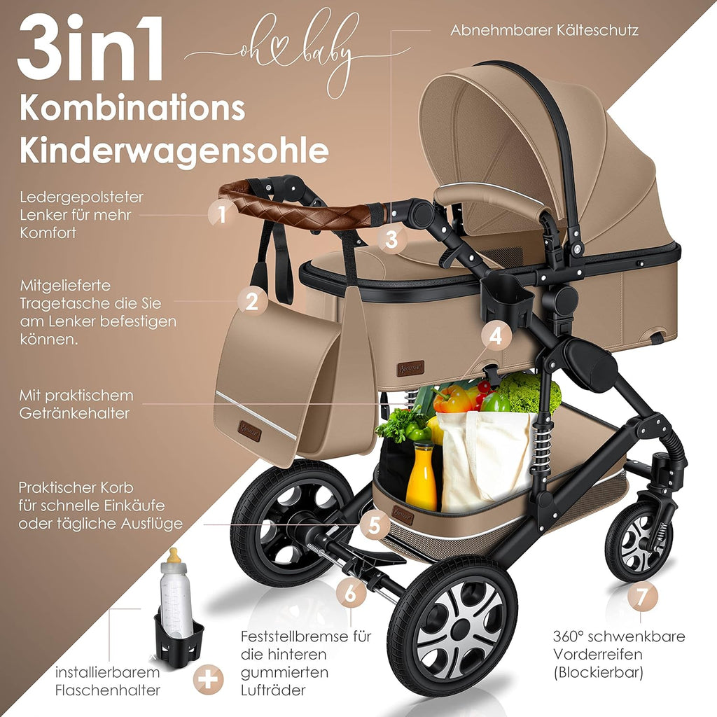 KESSER® Loops 3 in 1 Kinderwagen Kombikinderwagen Komplett-Set inkl. Babywanne & Buggy Sportsitz & Auto-Babyschale Voll-Gummireifen Wickeltasche Regenschutz Kindertisch ECE R129, Schwarz/Champagne