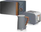 Swan Nordic Frühstücksset, Wasserkocher, 1,7 l, 2200 W, Breitschlitz-Toaster, 2 Scheiben, digitale Mikrowelle 20 l, modernes Design, Holzoptik, grau