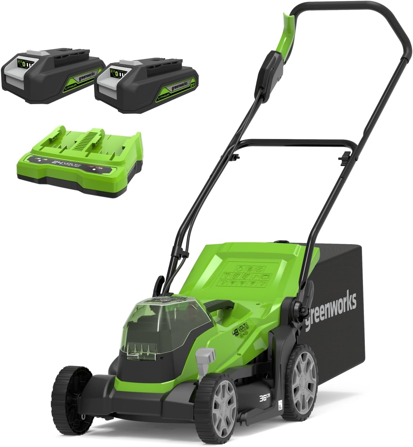 Greenworks 48V (2x24V) Selbstfahrender Akku Rasenmher für groe Flchen bis zu 480m, 46cm Schnittbreite, 55L Sack PLUS zwei 4Ah-Akkus und Doppelladegert GD24X2LM46SPK4X