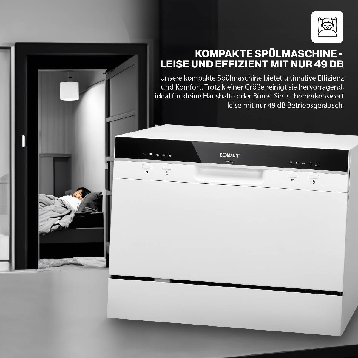 Bomann Mini Geschirrspüler mit Wasseranschluss | inkl. Schlauch | Tisch Geschirrspüler leise | Mini Spülmaschine für kleine Küchen/Camping | Spülmaschine klein m. Überlaufsicherung | TSG 7405 schwarz