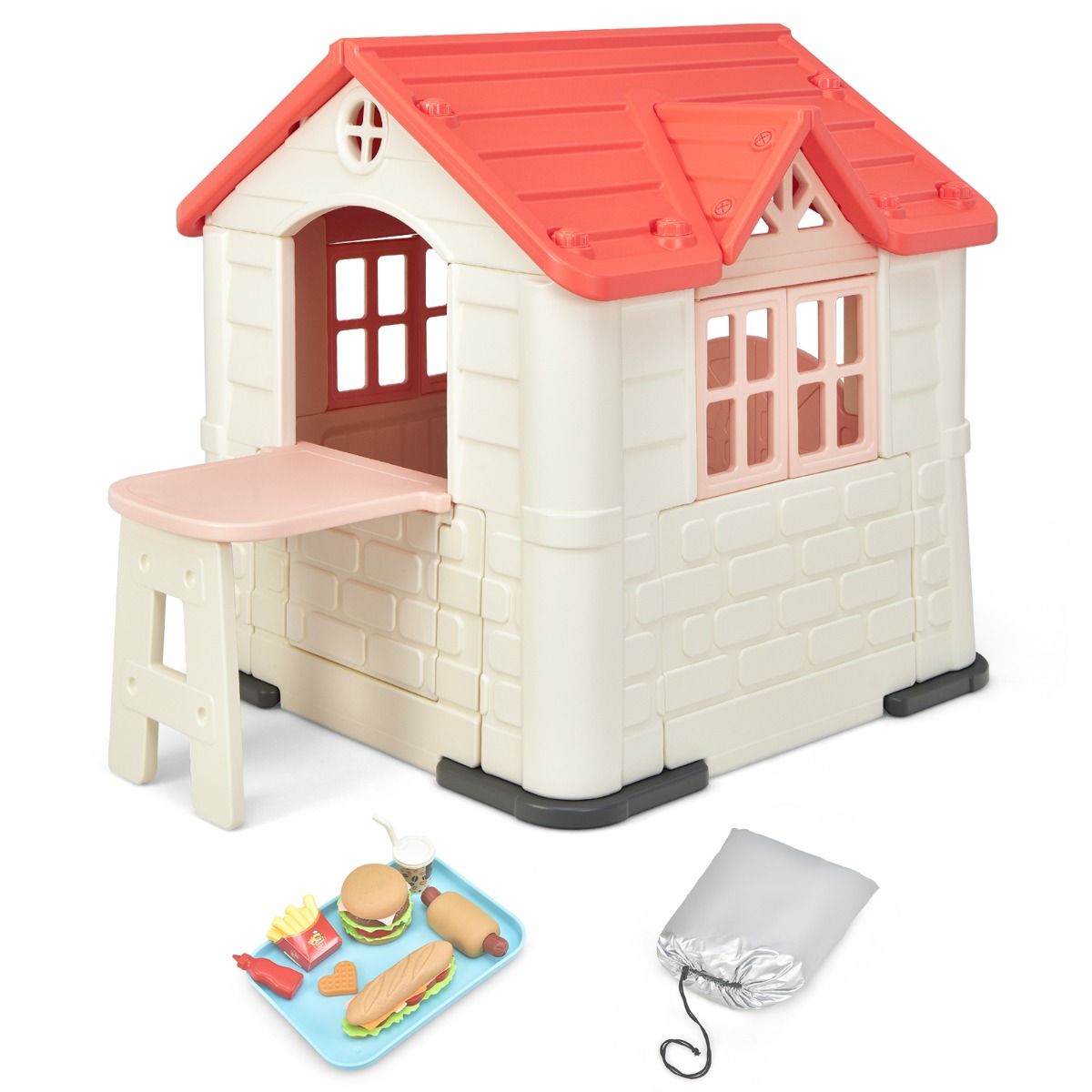 Maison Chef House -Thème Burger Bar - Table de Pique Nique Cabane de Jardin Anti-UV en Plastique 164x124x132 cm Bleu/Rose/Jaune