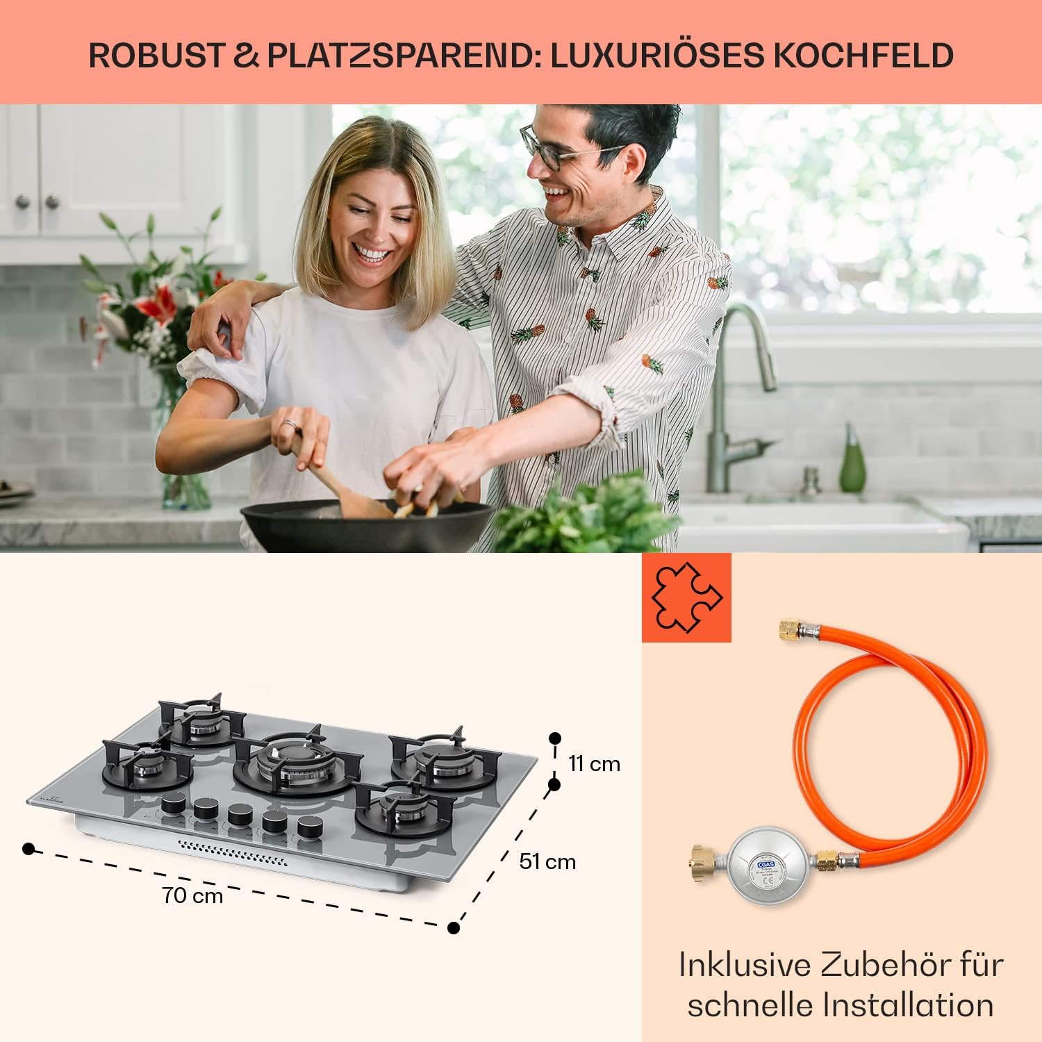 Klarstein Gasherd, Einbau-Gasherd für Propan Gasflasche, Gaskochfeld 4 Flammig, Gasherd für Küche, Camping & Wohnmobil, 8000 W Kochplatte, LPG Gaskocher, Herdplatte für Propangas, Edelstahl Gas-Herd