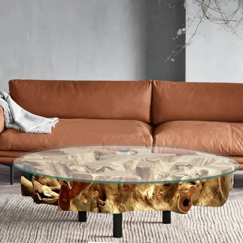 Wurzel Couchtisch NAGA inkl. Glasscheibe  100 cm auf Stahlfüssen