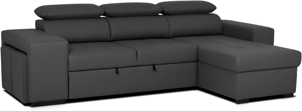 John Canapé-Lit d’Angle 4 Places – Chaise Longue Réversible, Têtières Réglables et 2 Poufs – Revêtement en Polyuréthane – Style Moderne – 263x161x96 cm – Noir