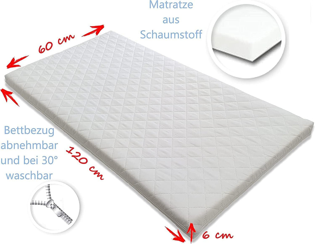 Bello24 - 16 Teiliges Babybett Kinderbett und Bettwäsche komplett Set Happy Leo inkl. Matratze höhenverstellbar für Neugeborene Babys und Kleinkinder aus Massivholz (Grau - Teddybär Mond)