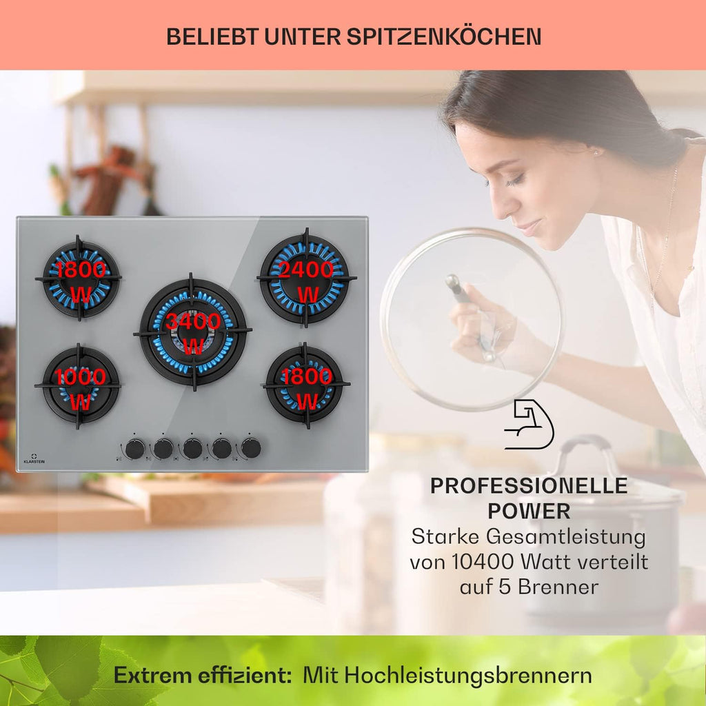 Klarstein Gasherd, Einbau-Gasherd für Propan Gasflasche, Gaskochfeld 4 Flammig, Gasherd für Küche, Camping & Wohnmobil, 8000 W Kochplatte, LPG Gaskocher, Herdplatte für Propangas, Edelstahl Gas-Herd
