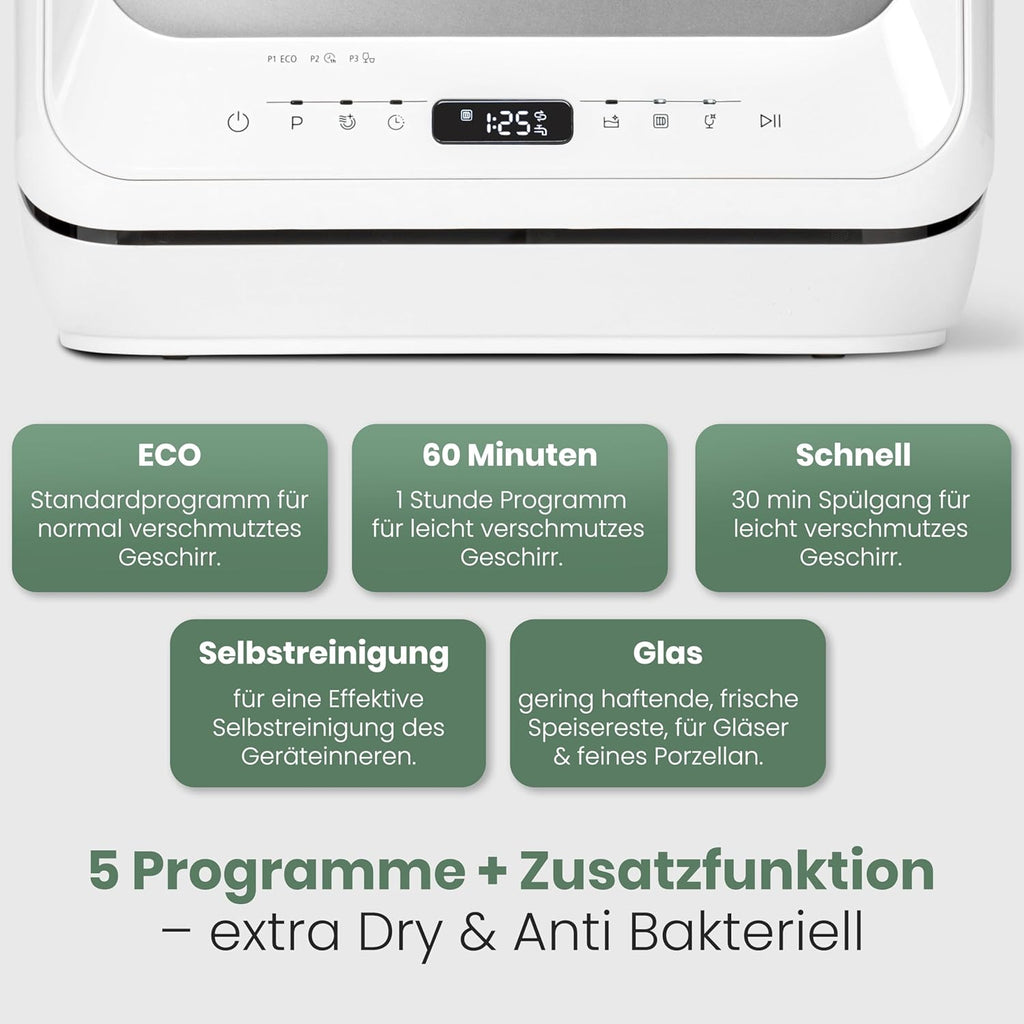 Bomann® Tischgeschirrspüler mit 5L Wassertank | ohne Wasseranschluss nutzbar | Mini Geschirrspüler | 5 Programme | Mini Spülmaschine 1-24 h Startvorwahl | Spülmaschine klein Tischspülmaschine TSG 5701