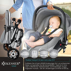 KESSER® Loops 3 in 1 Kinderwagen Kombikinderwagen Komplett-Set inkl. Babywanne & Buggy Sportsitz & Auto-Babyschale Voll-Gummireifen Wickeltasche Regenschutz Kindertisch ECE R129, Schwarz/Champagne