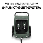 hauck Fahrradanhänger & Kinderwagen Dryk Duo Plus mit Federung, für 2 Kinder (6-48 Monate), inkl. Deichsel, Buggyrad, Fahne und LED Licht, Faltbar, Höhenverstellbar, XL Kofferaum (Dark Green)