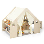 Tente de Jeu d'Intérieur en Bois pour Enfants 6 en 1 Tableau Noir Table Chaise 6 Bacs de Rangement Coussin de Sol Maison de Jeu pour 2-6 ans Beige