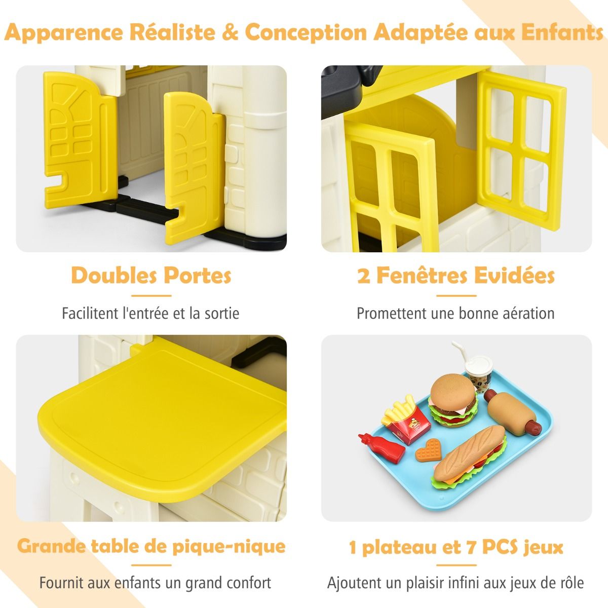 Maison Chef House -Thème Burger Bar - Table de Pique Nique Cabane de Jardin Anti-UV en Plastique 164x124x132 cm Bleu/Rose/Jaune