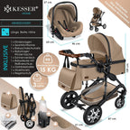 KESSER® Loops 3 in 1 Kinderwagen Kombikinderwagen Komplett-Set inkl. Babywanne & Buggy Sportsitz & Auto-Babyschale Voll-Gummireifen Wickeltasche Regenschutz Kindertisch ECE R129, Grau/Silber