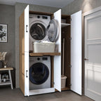 ROOMART Dora - Armoire de machine à laver - Pour sèche-linge et machine à laver - En 4 couleurs - Avec portes et panneau coulissant - Blanc - Chêne blanc - Chêne anthracite - Chêne blanc (chêne blanc)
