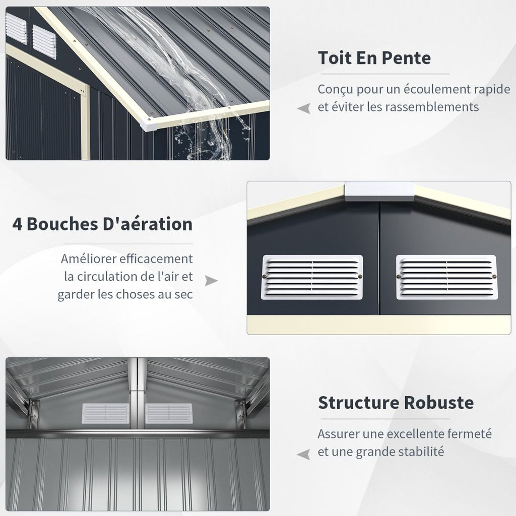 Abri de Jardin en Métal & Extension 10.85㎡ avec 2 Portes Coulissantes Verrouillables 4 Trous d’Aération Gris pour Vélo