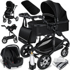 KESSER® Loops 3 in 1 Kinderwagen Kombikinderwagen Komplett-Set inkl. Babywanne & Buggy Sportsitz & Auto-Babyschale Voll-Gummireifen Wickeltasche Regenschutz Kindertisch ECE R129, Schwarz/Champagne