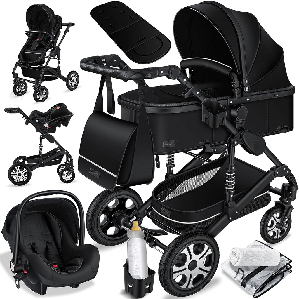 KESSER® Loops 3 in 1 Kinderwagen Kombikinderwagen Komplett-Set inkl. Babywanne & Buggy Sportsitz & Auto-Babyschale Voll-Gummireifen Wickeltasche Regenschutz Kindertisch ECE R129, Schwarz/Champagne