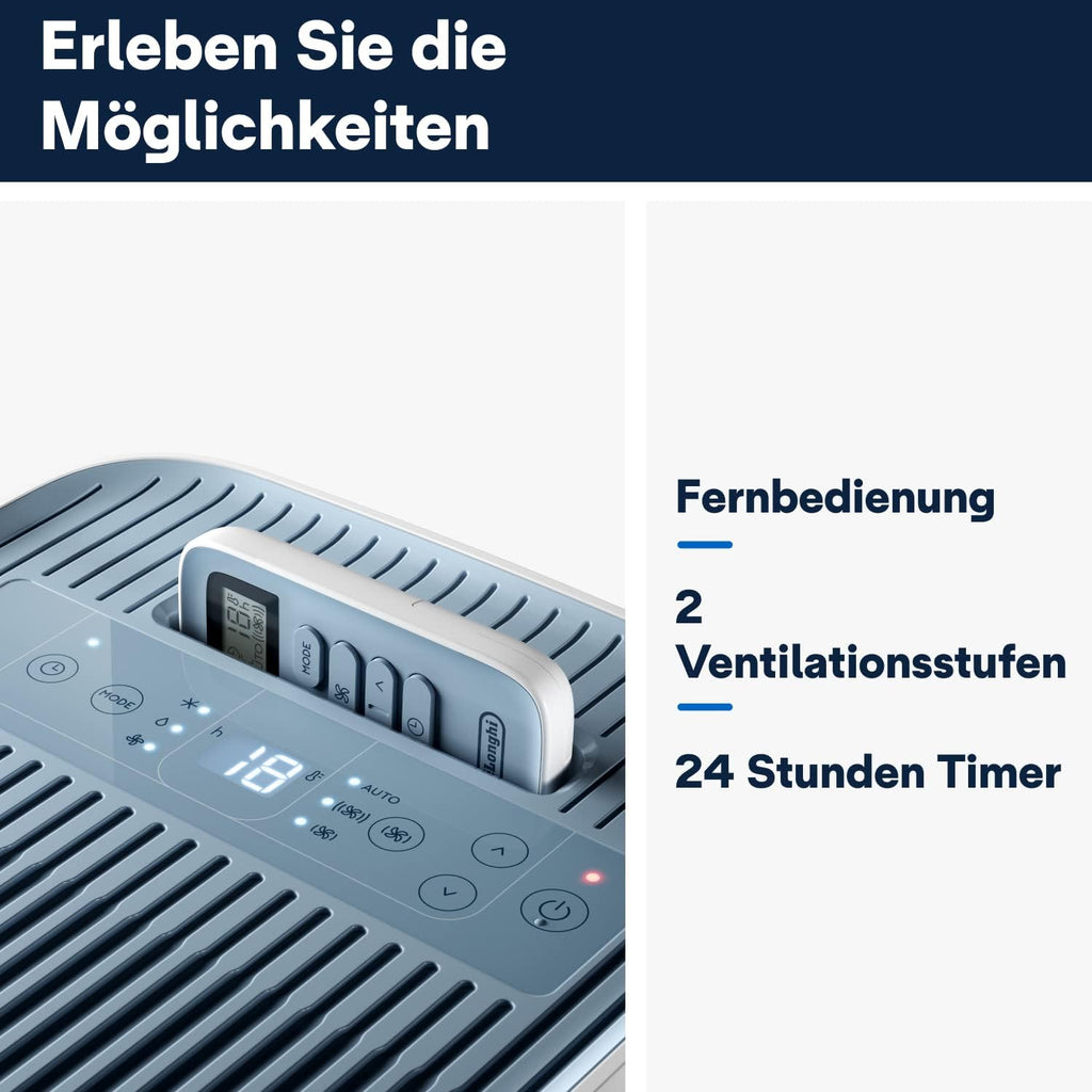 De'Longhi Pinguino PAC EM82, Mobile Klimaanlage für Rume bis zu 80 m, 9.400 BTU, 2,4 kW, 63 dB, Entfeuchtungsfunktion, Energieklasse A, 24h-Timer, Wei