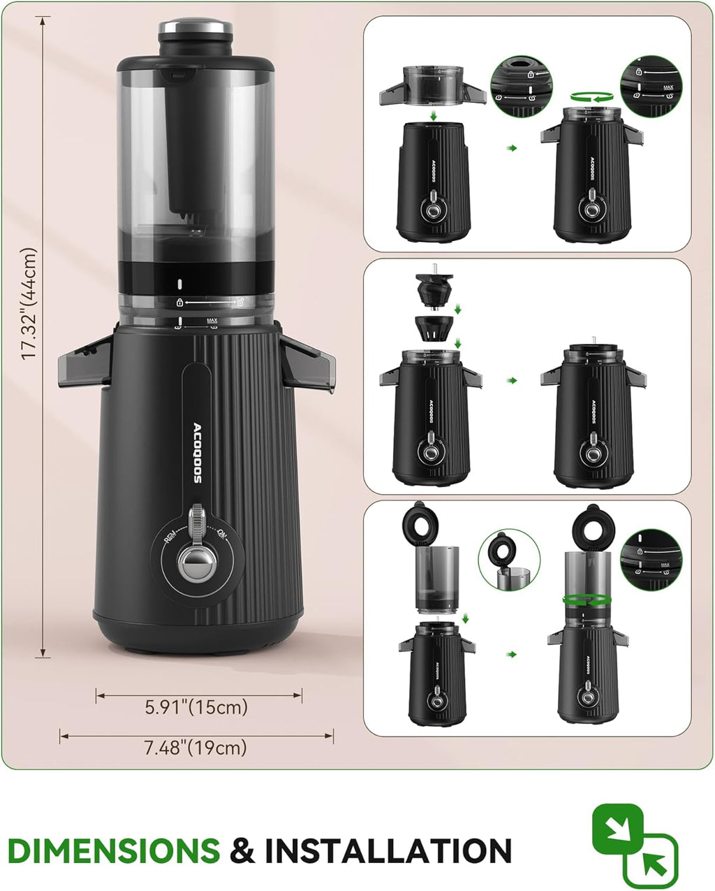 ACOQOOS Entsafter, Entsafter Gemüse und Obst with 110MM Einfüllffnung, Leicht zu Reinigen Slow Juicer Machine with 2 Cups Schwarz