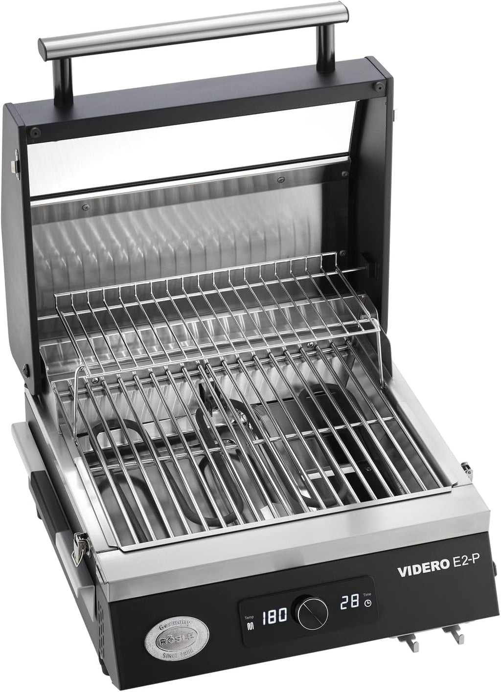 RÖSLE Elektrogrill BBQ-Portable Videro E2-P, tragbarer Tischgrill mit 2 Brennern, Warmhalterost und Deckel mit Glaseinsatz, pulverbeschichteter Stahl, schwarz/silbern