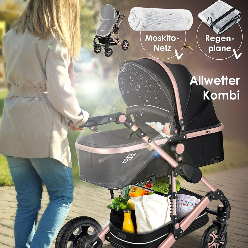 KESSER® Loops 3 in 1 Kinderwagen Kombikinderwagen Komplett-Set inkl. Babywanne & Buggy Sportsitz & Auto-Babyschale Voll-Gummireifen Wickeltasche Regenschutz Kindertisch ECE R129, Grau/Silber