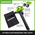 Greenworks 48V(2x24V) Akku Laubsauger / Laubblser mit Schultergurt, bürstenloser Motor, 322 km/h, 9 m/min, 45L Fangsack, zwei 4Ah Batterien & Ladegert, 3 Jahre Garantie GD24X2BVK4X